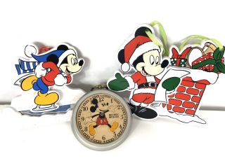 Vintage The Walt Disney Company Mickey Mouse 3 Wooden Ornaments Watch Santa