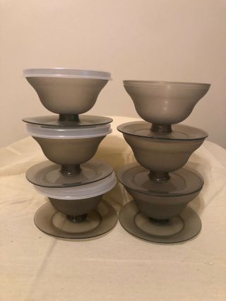 Guc Tupperware Pudding Dessert Cups W/ 3 Lids - Set Of 6 - Vintage Smoky Gray
