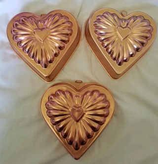Vtg 3 Heart Shape Copper - Tone Jello Molds 2.  75 Cups Hanger (up To 2) Usa