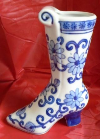 White Blue Porcelain High Heel Boot Shoe Vase Planter Flower Scroll
