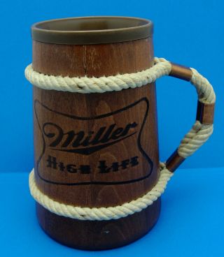 Rare Vintage Miller High Life Beer Man Cave Tiki Bar Wood Mug Stein Tankard