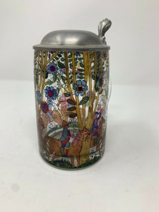 VINTAGE WEST GERMANY HORSE STAINED GLASS LIDDED BEER STEIN - 2