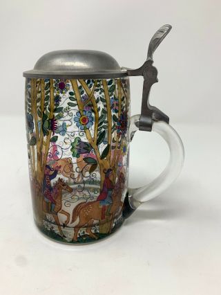 VINTAGE WEST GERMANY HORSE STAINED GLASS LIDDED BEER STEIN - 3