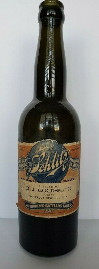 1906 Schlitz Beer 12 Ounce Bottle Bottled By Bj Goldsmith @ Saratoga Springs Ny