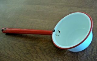Vintage Porcelain Enamel Ware Water Dipper White & Red 14.  5” Long Scoop Ladel