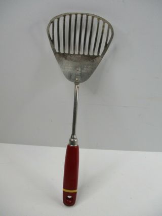 Vintage A&j Slotted Spoon Spatula Red Wood Handle Strains Drains Beats Whips