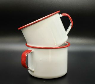 Enamelware Cups White,  Red Trim Vintage Set Of Two Rustic Farmhouse/decor
