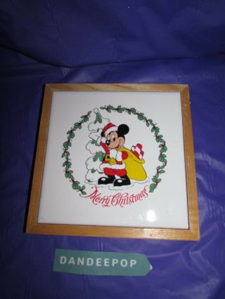 Vintage Walt Disney Mickey Mouse Merry Christmas Wood Framed Tile Trivet