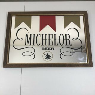 Vintage Michelob Beer Mirror Sign Wood Frame Pub Old Bar Anheuser - Busch Ribbon