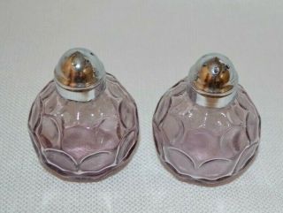 Vintage Purple Glass Salt and Pepper Shakers Circle Shape Design Amethyst Vtg 2