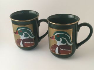 Otagiri Wood Ducks Coffee Mug Green Gold Gilt Waterfowl Cup Set Of 2 Two Japan