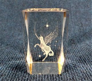 3d Laser Etched Crystal Paperweight Art Figure Winged Pegasus 3 1/4 