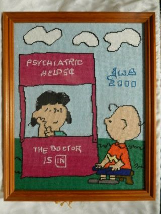 Vtg Charlie Brown Lucy Play Doctor Peanuts Snoopy Needlepoint W/frame