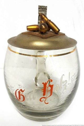 Antique German Bowling Stein Enamel Glass Figural Finial Lidded Gilt Guf Holz