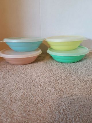 4 Vintage Tupperware 155 Pastel Cereal Bowls Pink,  Blue,  Yellow,  Green W/lids