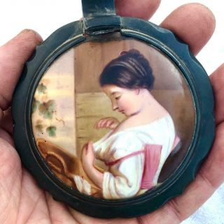 Antique German Pewter Stein Tankard Cover,  Porcelain Plaque Lady Examining Self