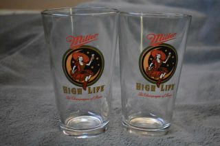 Set Of 2 Vintage Miller High Life Beer “girl In The Moon” Pint Glass