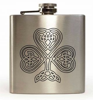 Laser Engraved 6oz Stainless Steel Hip Flask With Irish Shamrock Design