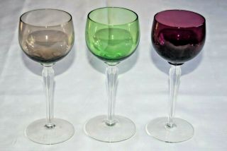 Vintage Set 3 Harlequin Coloured Long Stemmed Hock,  Wine Glasses.