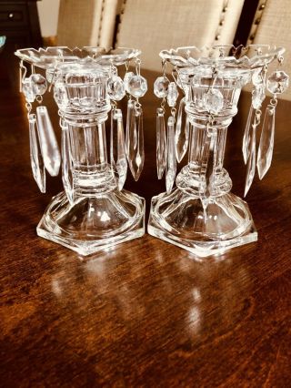 Vintage Crystal Clear Glass Art Deco Candle Holders With 8 Chandelier Prisms
