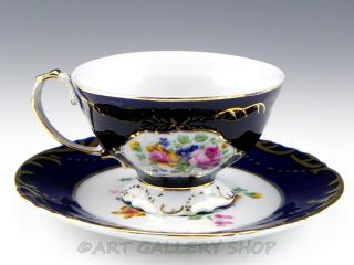 Fine Porcelain Cobalt Blue & Gold Gilt Floral Coffee / Tea Cup And Saucer