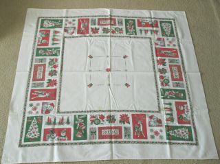 Vintage Table Cloth Christmas Scenes Santa Reindeer Trees Snowmen 49 " Square