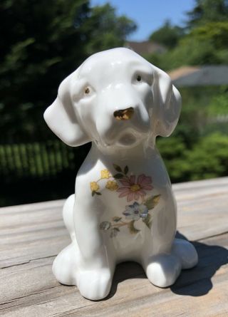Aynsley English Porcelain Puppy Dog Collectible Figurine Butterflies & Flowers