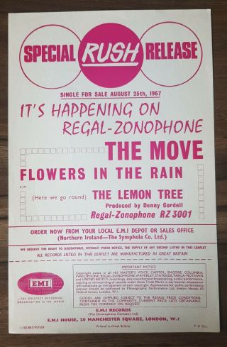 The Move - Flowers In The Rain - Emi Special Rush Release Flyer Aug 25th,  1967
