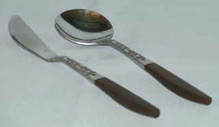 Interpur Inr2 Brown Faux Wood Stainless Mid - Century Sugar Spoon & Butter Knife
