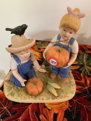 Home Interior Denim Days Boy Girl W/ Pumpkins Fall Basket Wearing Overalls Homco