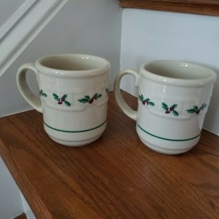 Longaberger Pottery Christmas Traditional Holly Coffee Mugs Set Of 2
