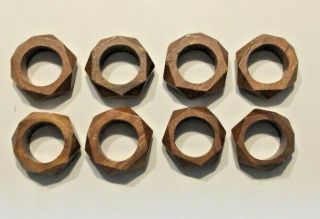 Set Of 8 Vintage Dark Wooden Napkin Rings Polygon 6 Sided Type Shape