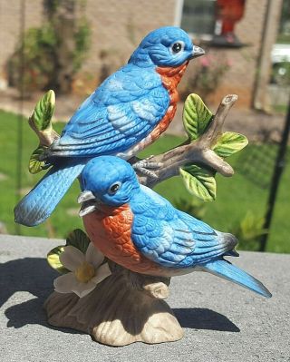 2 Bluebirds Porcelain Figurine Homco 1400 Branch Dogwoods Flower 4 " Wildlife