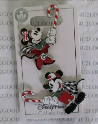 Set Of Two Disney Pins Of Mickey & Minnie With Christmas Candy Canes 2019