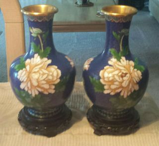 Pair Chinese Porcelain Cloisonne Blue Vases With Stands People 