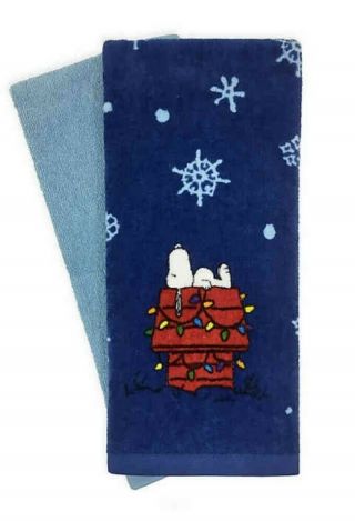 Snoopy Christmas Peanuts 2 Piece Kitchen Towel Set Blue 16x26 Snowflake