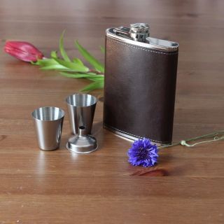 Dark Brown Leather Hip Flask Set Of 4 (1 Flask 2 Cups & 1 Funnel) Gift Pack