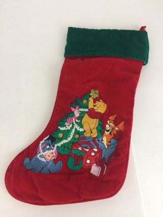 Disney Winnie The Pooh Velvet Red Green Embroidered Christmas Stocking Holiday