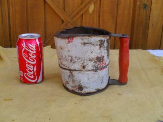 Vintage (beat Up) Metal Flour Sifter W/ Red Wooden Handle And Knob