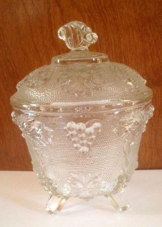 Vintage Jeanette Glass Crystal Footed Covered Candy Dish Grape Exc