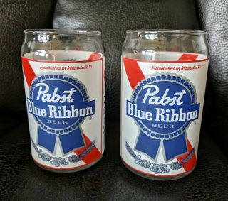 Set Of 2 Pabst Blue Ribbon Beer Glasses Can Shaped Pbr