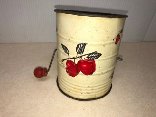 Vtg Flour Sifter Metal White With Red Apples Wooden Handle Farm House Kitchen