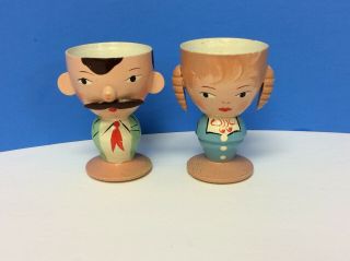 Vintage Hand Painted Wood Egg Cup Boy/girl 1950s Made In Italy