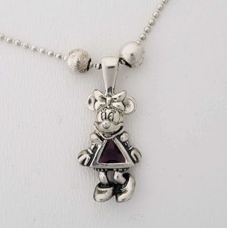 Sterling Silver 3d Disney Minnie Mouse Charm W/ Amethyst On 24 " Necklace Gb - Mm3