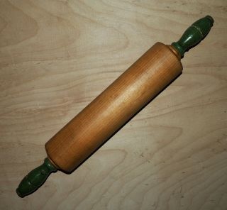 Vintage / Antique Green Handle Rolling Pin,  17 Inch Rich Patina