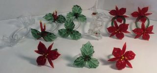 Vintage Blown Glass Christmas Napkin Rings Set Of 9 Deer,  Poinsettia,  Candle Mis