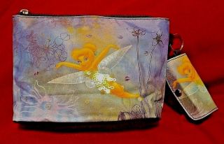 Disney Blingy Tinkerbell Zippered Pouch Cosmetic Bag / Matching Lipstick Case