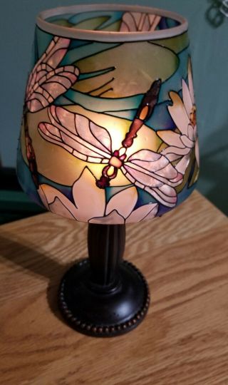 Small Stained Glass Lamp With Dragon Flies Tea Light Candle Holder,  Vintage