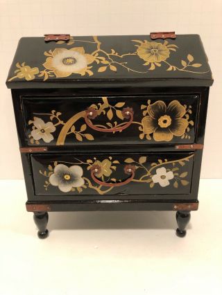 Vintage Painted Floral Wood Small 3 - Drawer Dresser Jewelry Trinket Box Japan