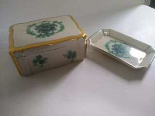 Antique Green Floral Porcelain Trinket Box Pin Tray With Gold Trim Germany